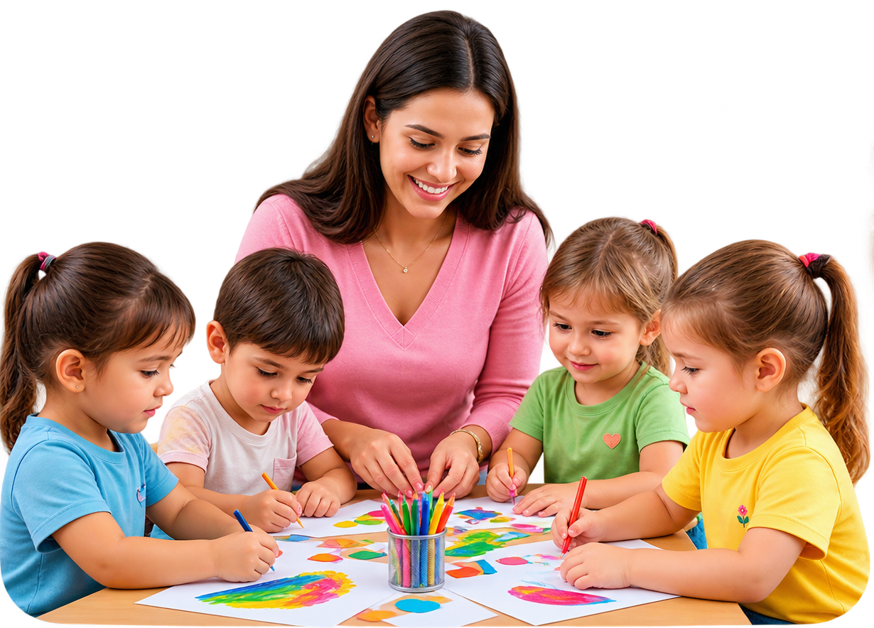 Professora sorrindo desenhando com um grupo de crianças
